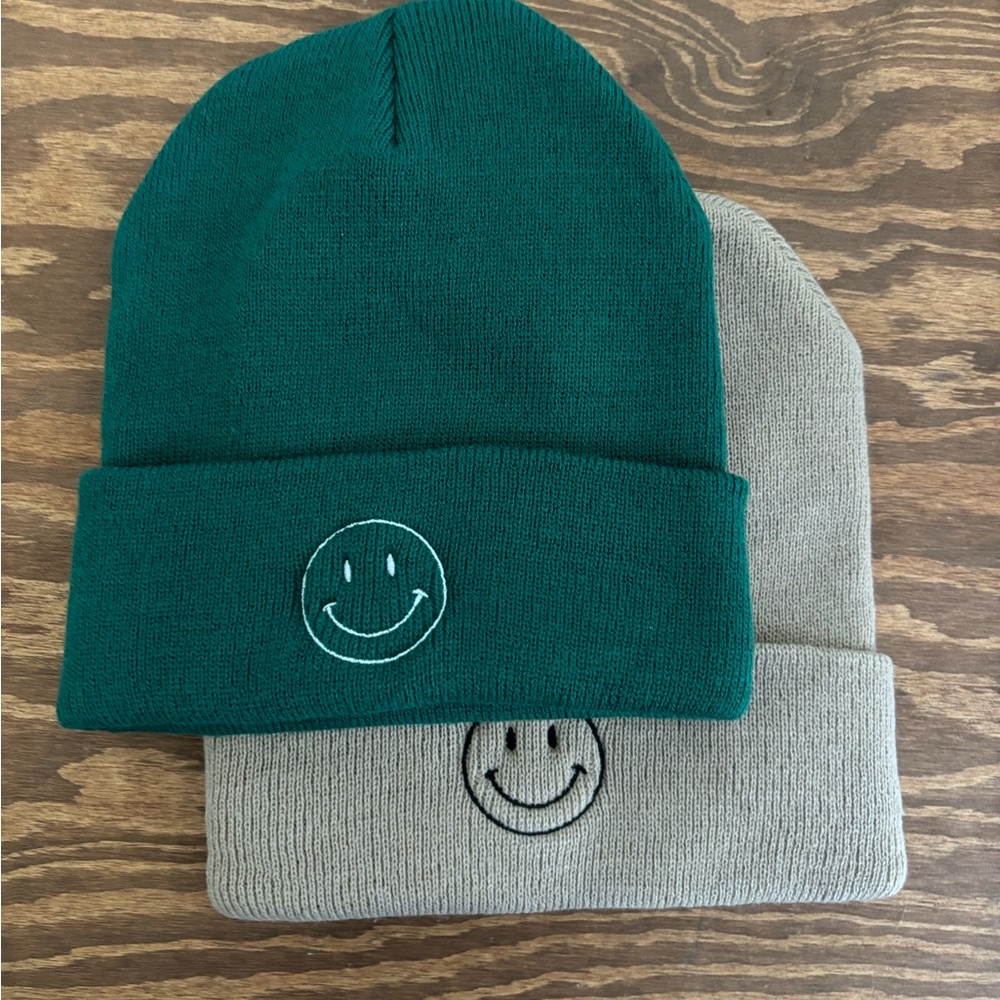 Embroidered smiley face cuffed beanie 2pk